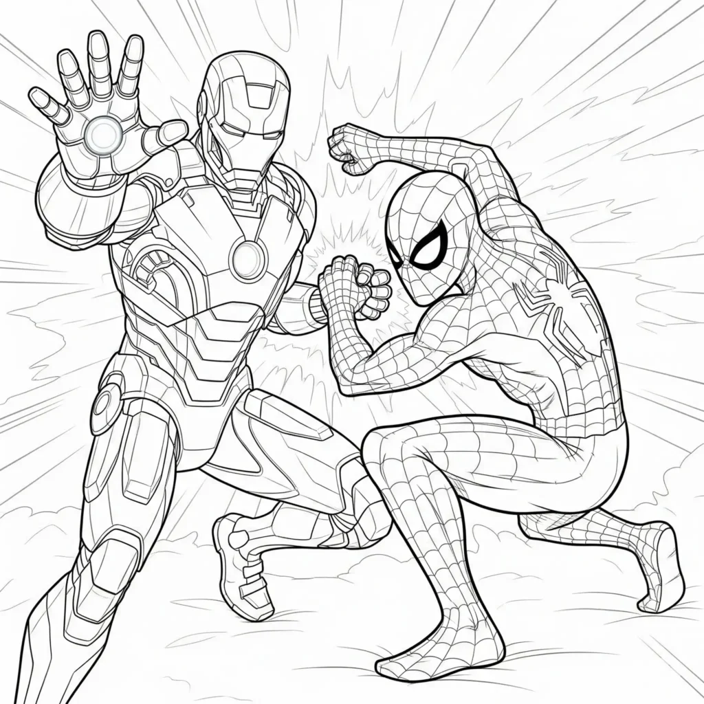 Ausmalbild von Iron Man und Spider-Man zusammen, ideal zum Ausdrucken und Ausmalen für Kinder und Marvel-Fans