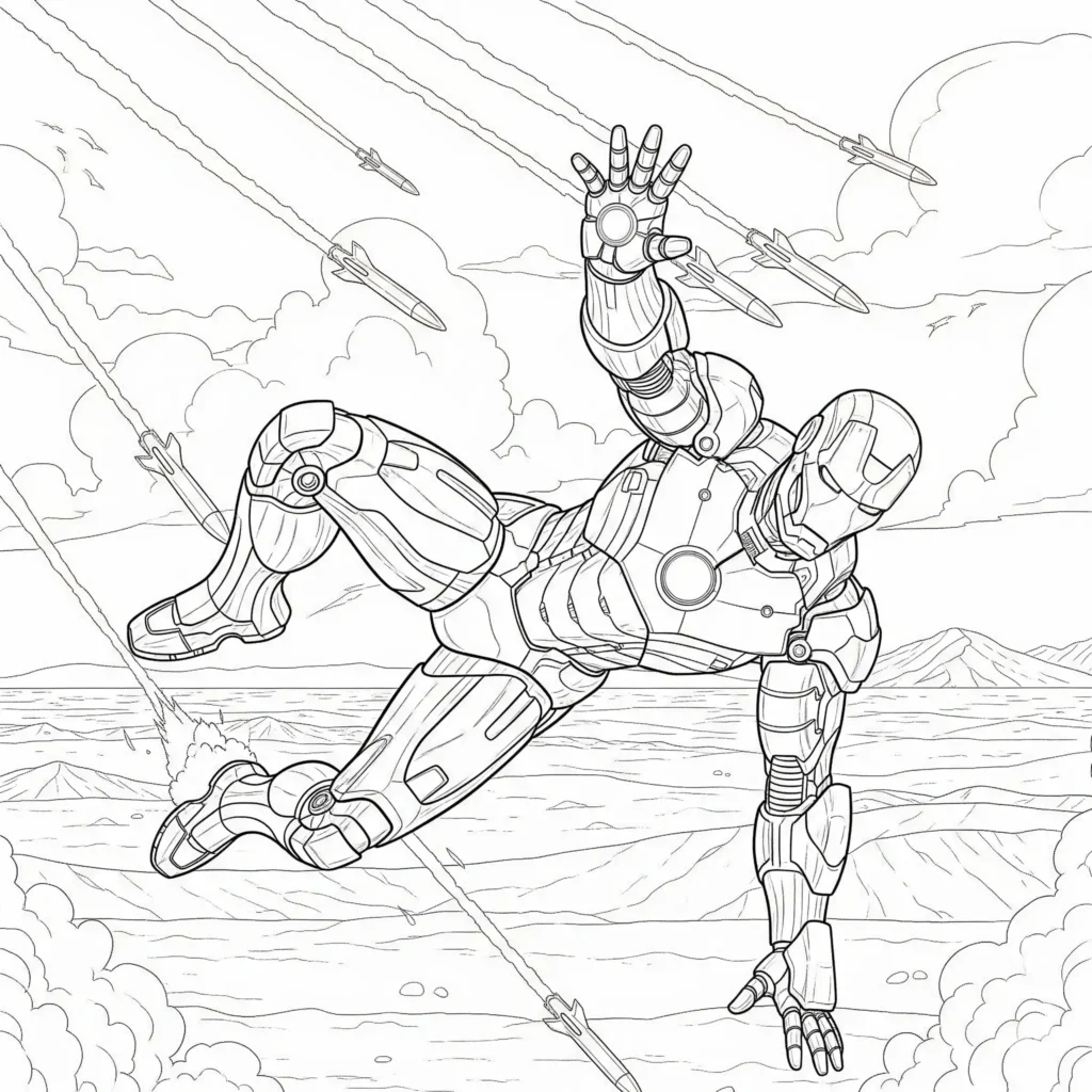 Actionreiches Ausmalbild von Iron Man, der geschickt Raketen ausweicht, perfekt zum Ausdrucken und Ausmalen für Kinder
