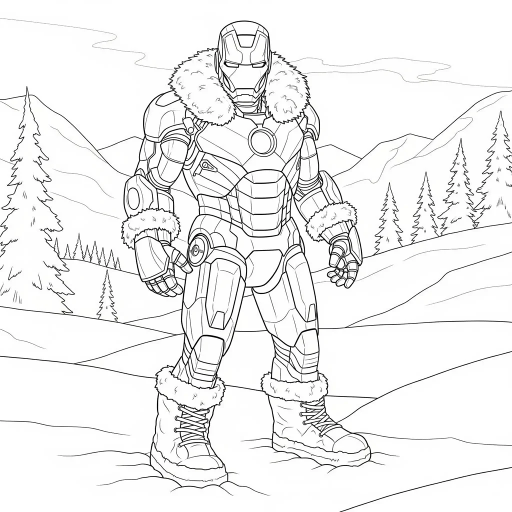 Ausmalbild von Iron Man in seiner Winterausrüstung, perfekt zum Ausdrucken und Ausmalen für Kinder und Marvel-Fans