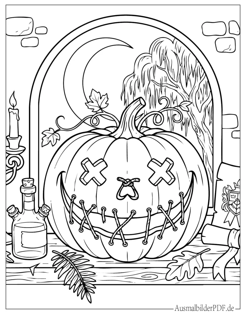Halloween Jack O’Lantern mit gesticktem Mund als Ausmalbild, ideal für Kinder zum Ausdrucken und kreativen Ausmalen