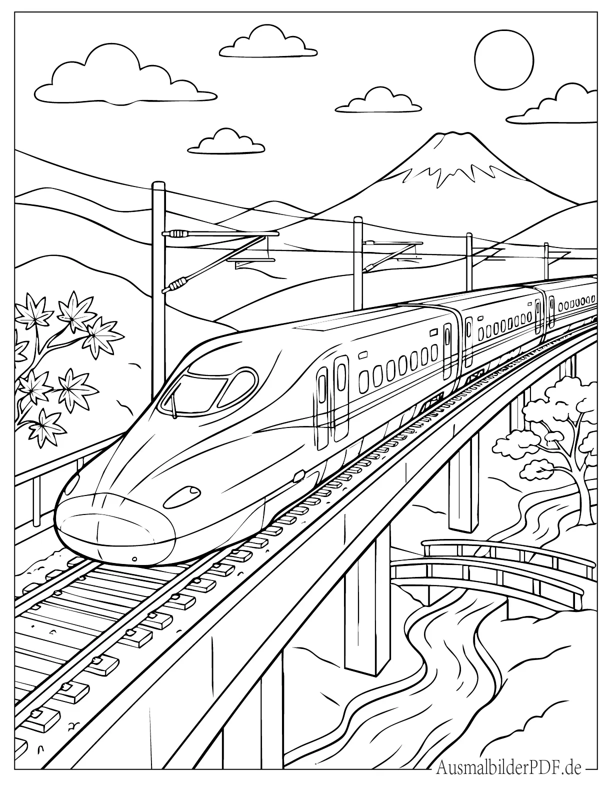10+ Kostenlos Eisenbahn und Zug Ausmalbilder zum Ausdrucken) Japanischer Hochgeschwindigkeitszug mit dem Fuji im Hintergrund Ausmalbild