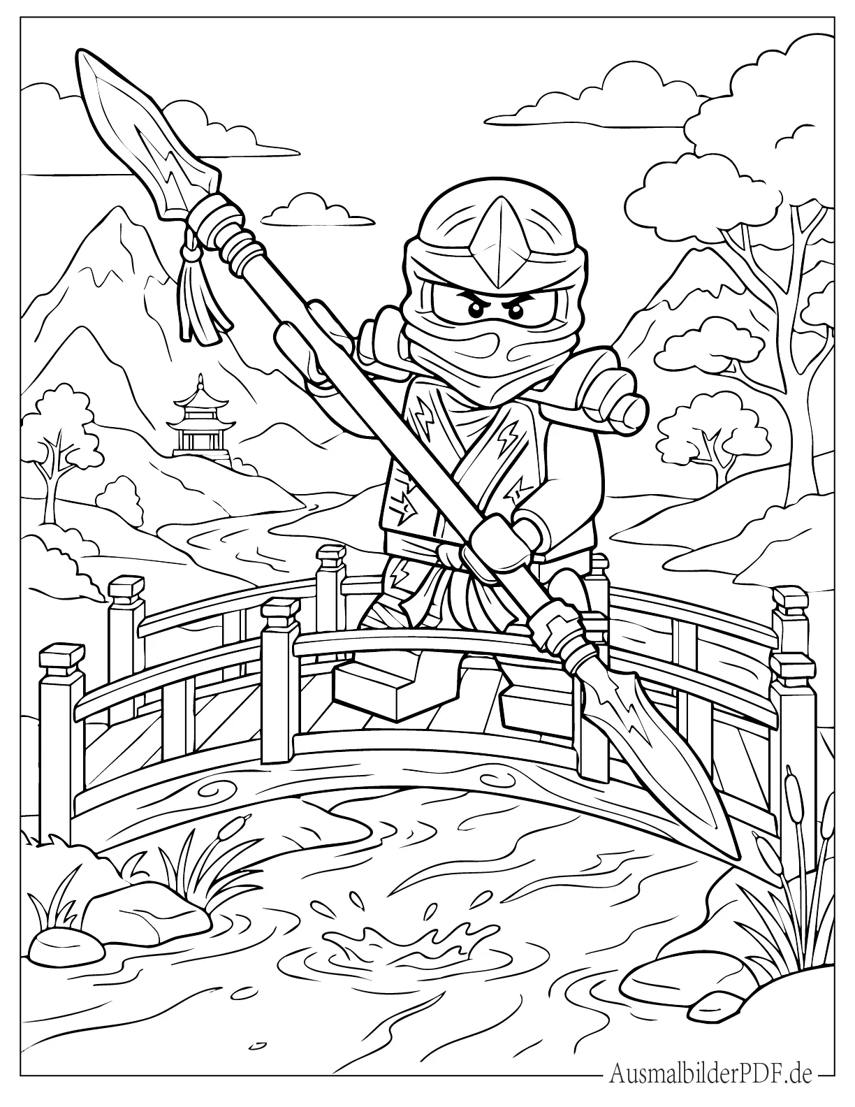 Ninjago Jay Walker stößt Speer über Wasser Malvorlage