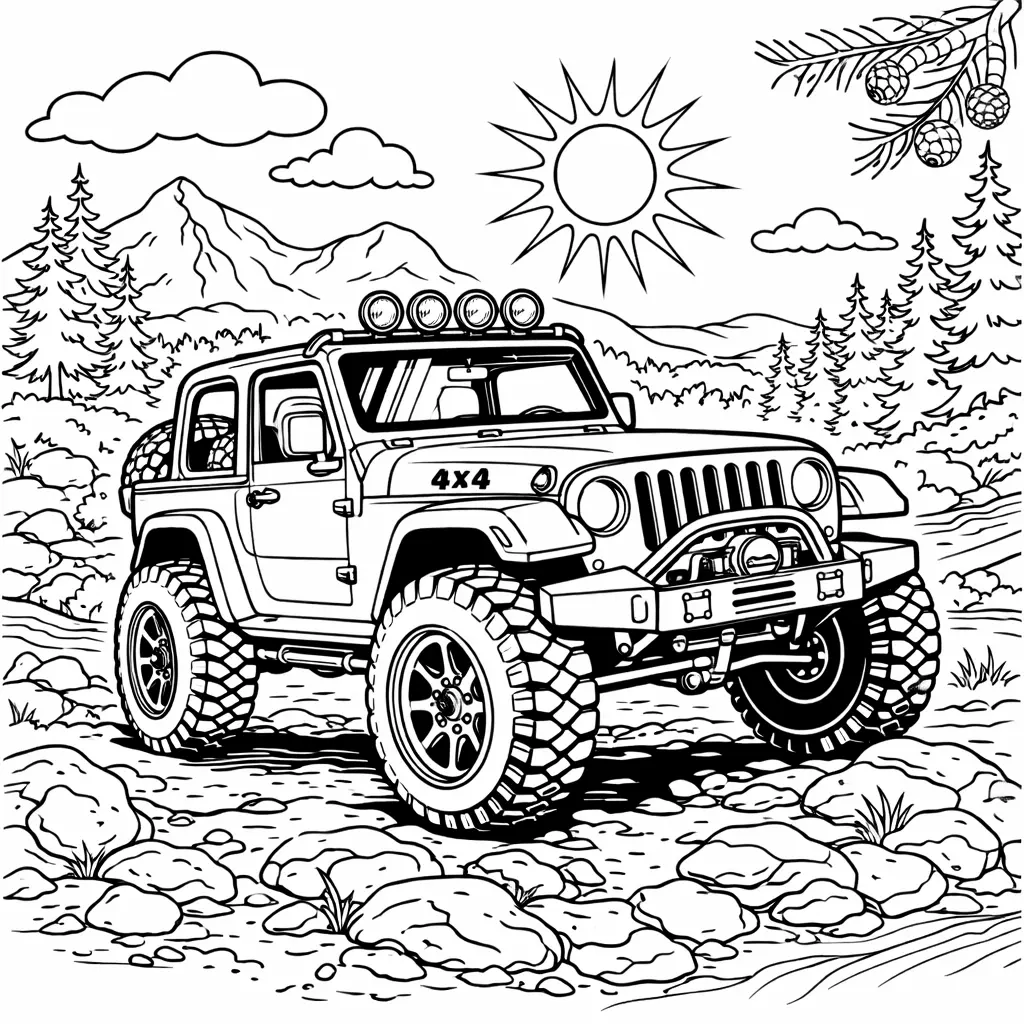 Detaillierter Jeep 4x4 auf unwegsamem Gelände in diesem Ausmalbild zum Ausdrucken für Kinder und Erwachsene