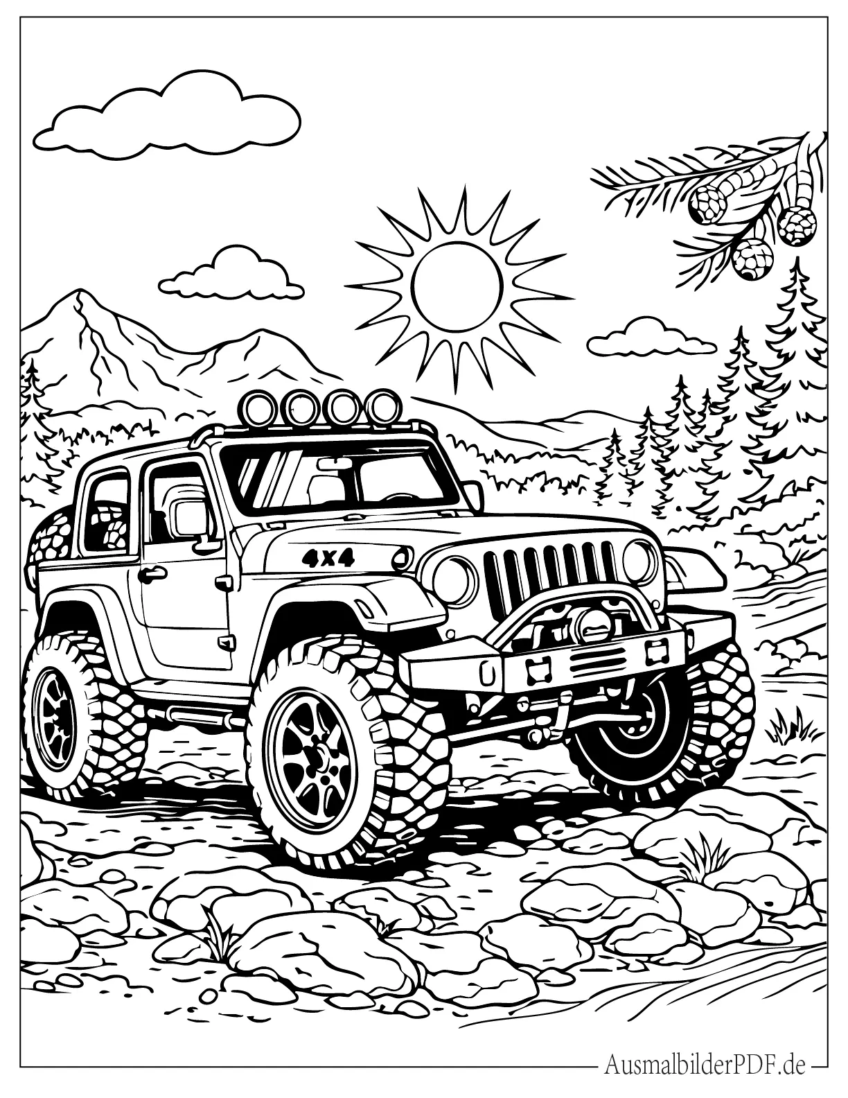 140 Auto Ausmalbilder (Gratis Malvorlagen zum Ausdrucken) Realistisches Jeep 4X4 Offroad fahren Malvorlage