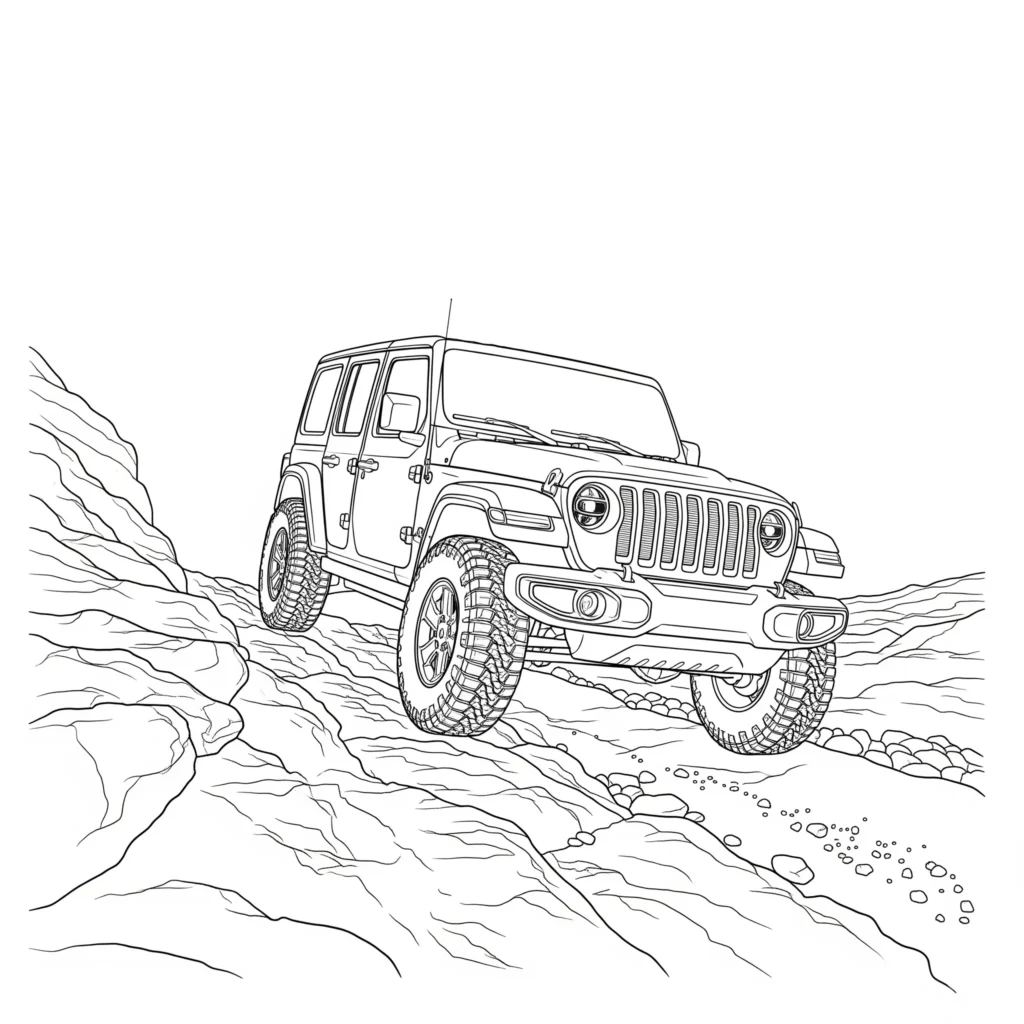 Jeep Ausmalbilder (Kostenlos Malvorlage zum Ausdrucken) Jeep Ausmalbild zum Ausdrucken zeigt einen Jeep auf einem Abenteuerweg, perfekt für Kinder zum Ausmalen und kreativen Spielen