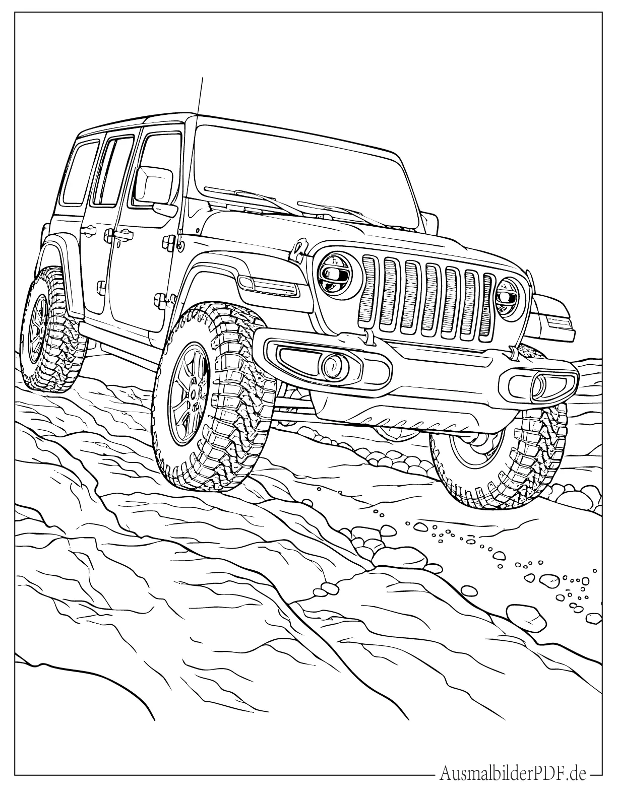 Realistischer Jeep fährt Hügel hinunter Ausmalbild