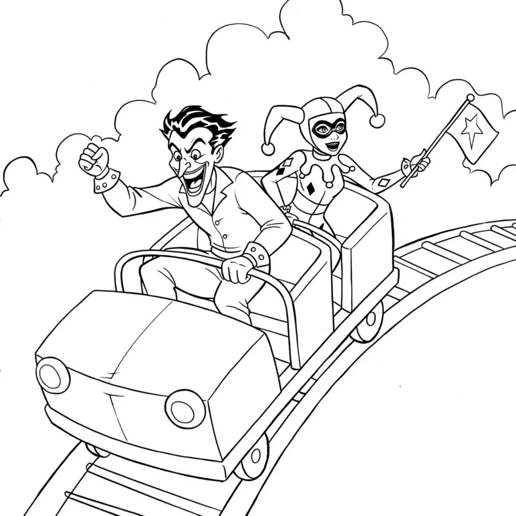 Joker und Harley Quinn Ausmalbild beim gemeinsamen Achterbahnfahren auf einem bunten Jahrmarkt