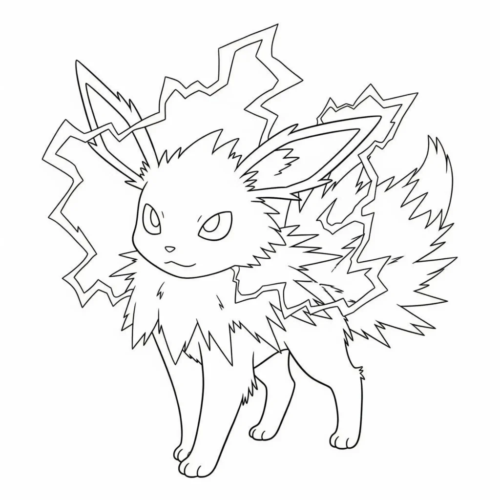 jolteon evoli ausmalbild mit elektrischen blitzen – kostenlose malvorlage für kinder und erwachsene pokemon-liebhaber