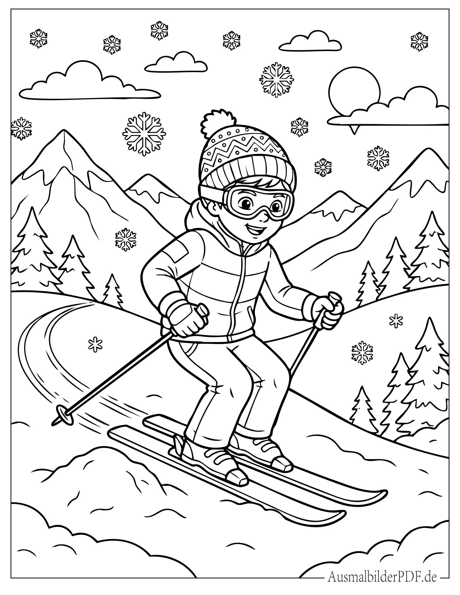 Junge fährt Ski im verschneiten Wald Ausmalbild