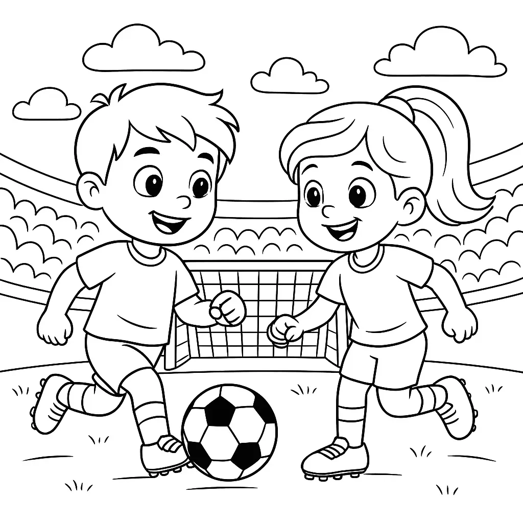 Ausmalbild Junge und Mädchen spielen gemeinsam Fußball vor einem Tor, mit Stadionkulisse und Ball in Bewegung.