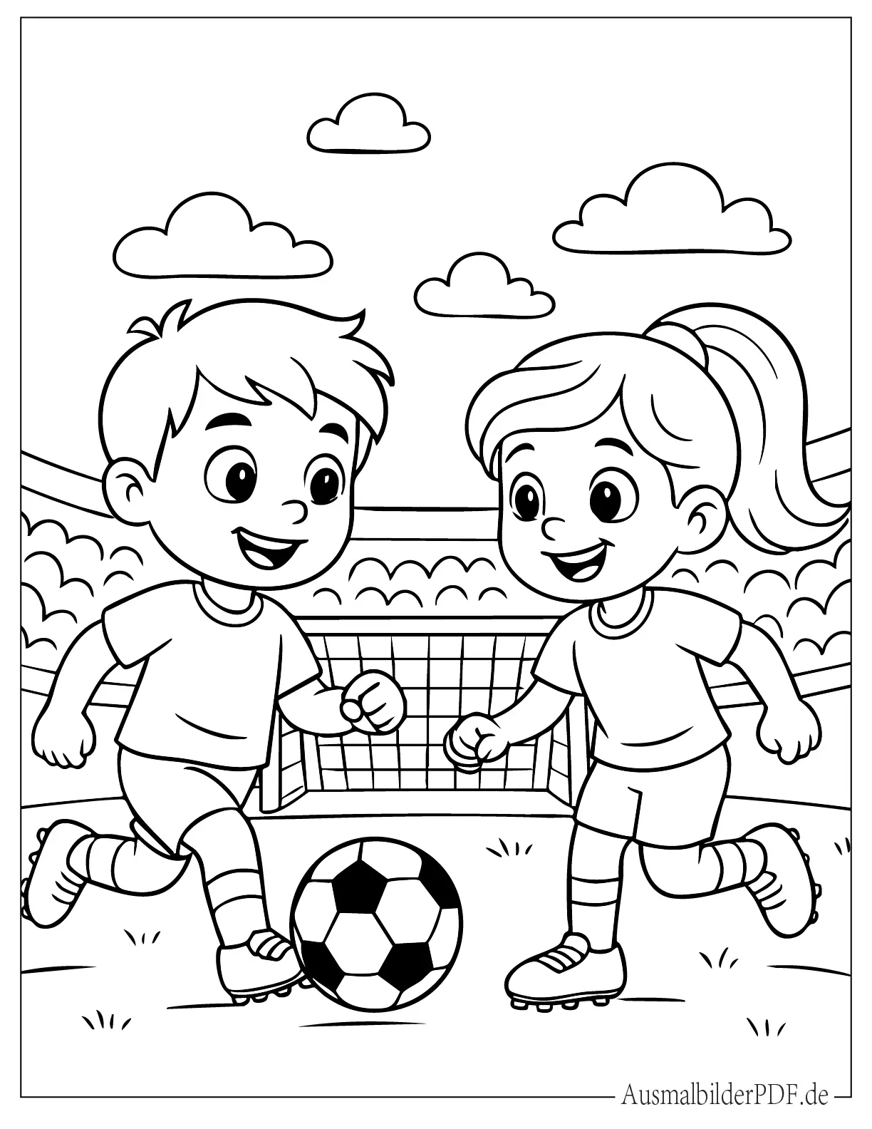 Kleiner Junge und Mädchen spielen fussball Ausmalbild