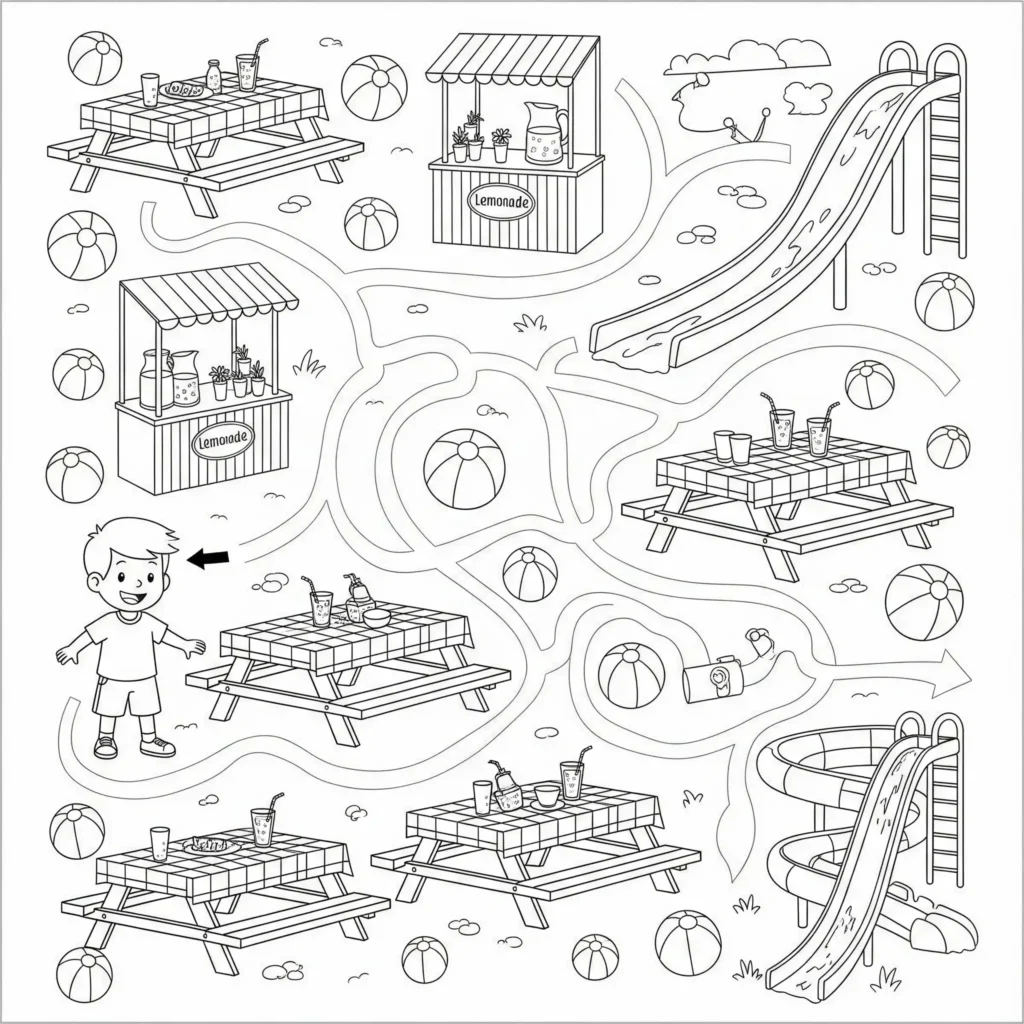 Ein Junge sucht den Weg durch ein sommerliches labyrinth zum wasserpark mit rutsche sommer ausmalbilder für kinder zum ausdrucken