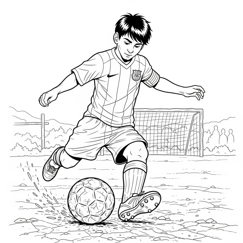 Ausmalbild von jungem Messi mit Fußball, kostenlose Malvorlage zum Ausdrucken und Ausmalen für Kinder und Fußballfans