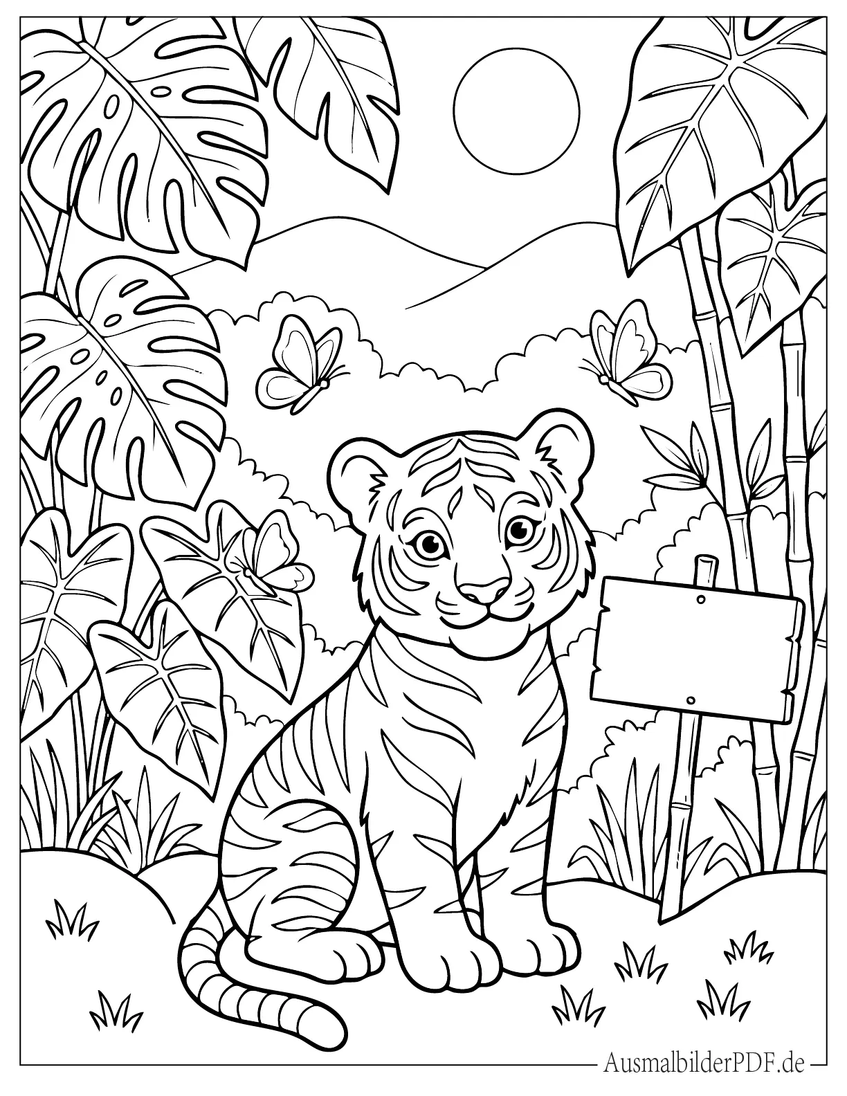 Junger Tiger im Dschungel ausdruckbare Ausmalbild