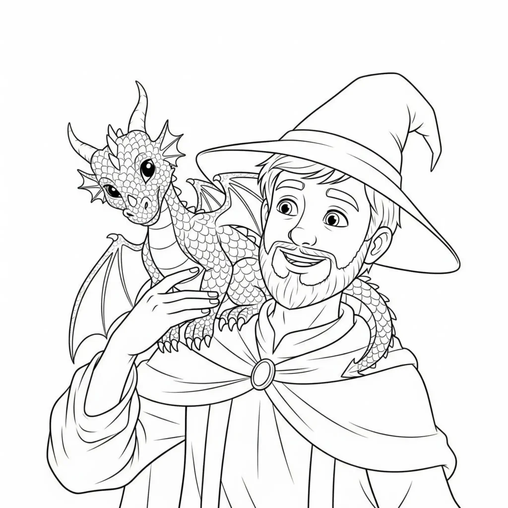Zauberer Ausmalbilder (Gratis Malvorlage zum Ausdrucken) Zauberer Ausmalbild für Kinder mit einem jungen Magier und einem kleinen Drachen als Malvorlage im PDF-Format zum Ausdrucken