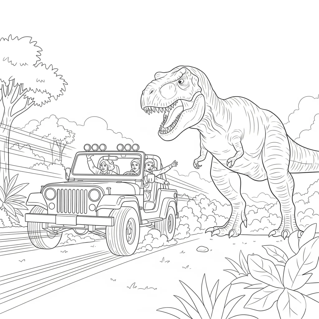 Jurassic Park ausmalbild mit einem fliehenden Jeep, der von einem riesigen T-Rex verfolgt wird – spannende Szene zum Ausdrucken