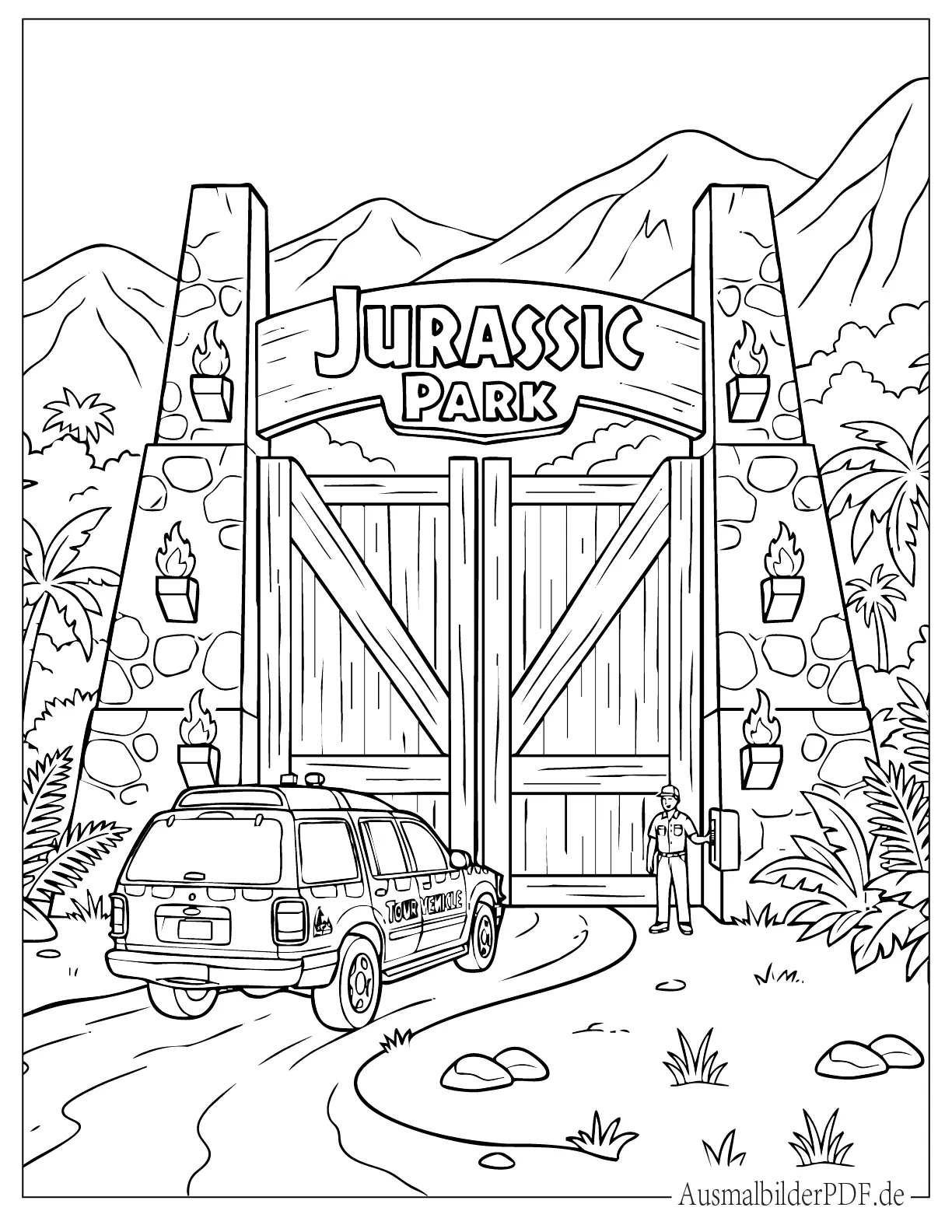 Jeep geparkt am Jurassic Park Tor zum Ausmalen