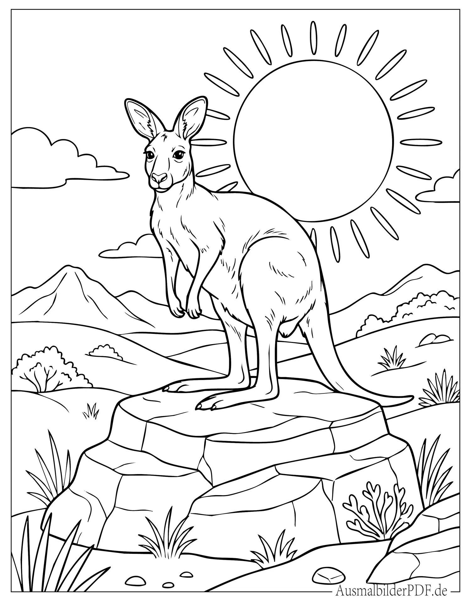 Känguru steht auf einem Felsen mit der Sonne im Hintergrund Ausmalbild