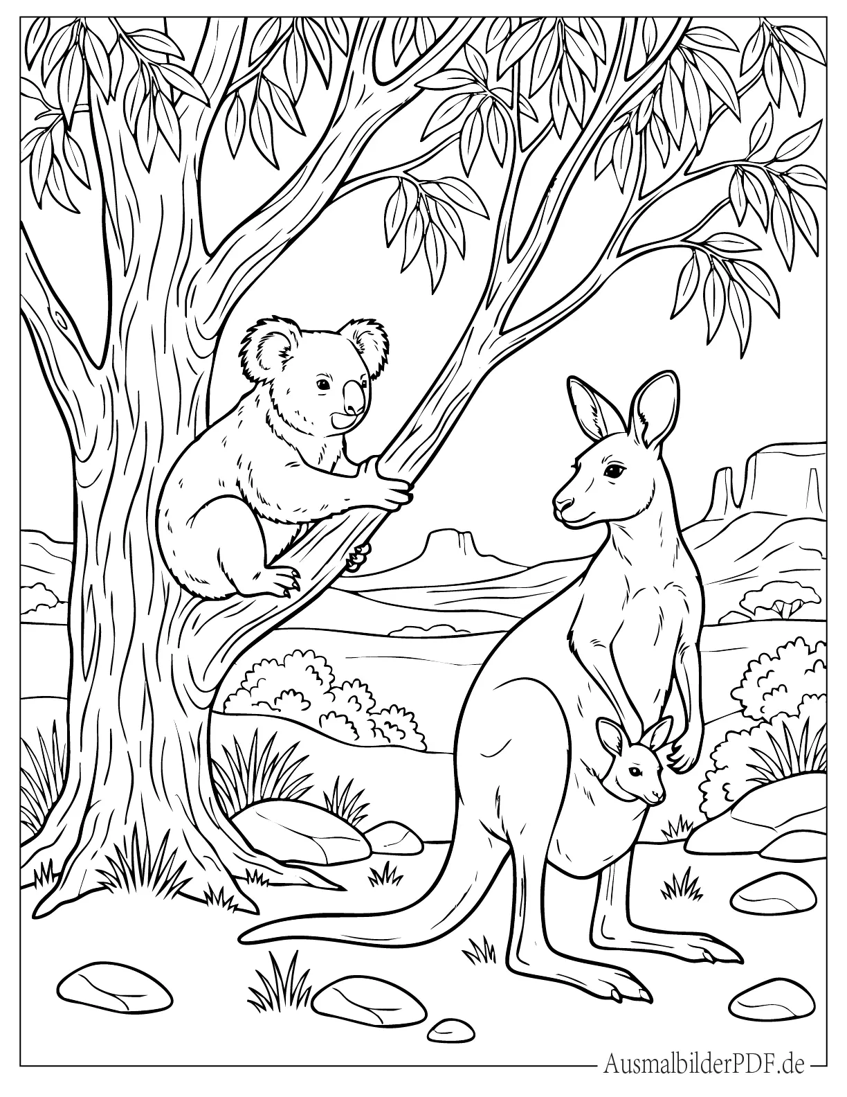 Känguru trägt Jungtier im Beutel mit Koala, der in der Wildnis auf einem Baum sitzt Malvorlage