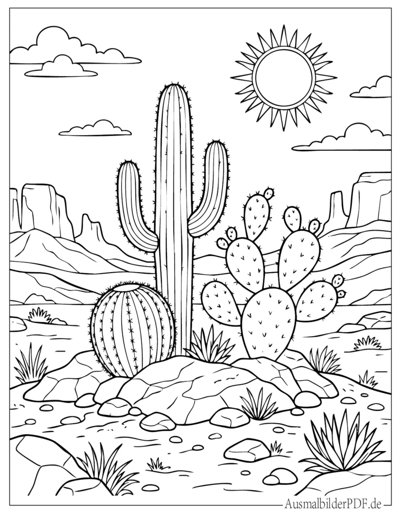 Kaktus Ausmalbilder (Gratis zum Ausdrucken und Ausmalen) Mehrere Kakteen stehen in einer ruhigen Wüstenlandschaft mit Sand und Himmel, klare Linien ideal für Kinder zum Ausmalen