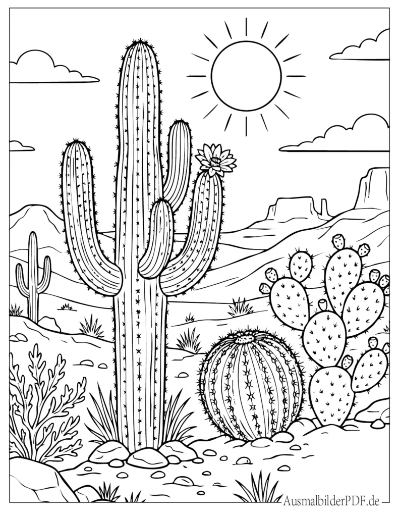 Kaktus Ausmalbilder (Gratis zum Ausdrucken und Ausmalen) Einfaches Ausmalbild mit einem Kaktus in der Wüste, klaren Linien und kindgerechtem Design, ideal zum Ausdrucken
