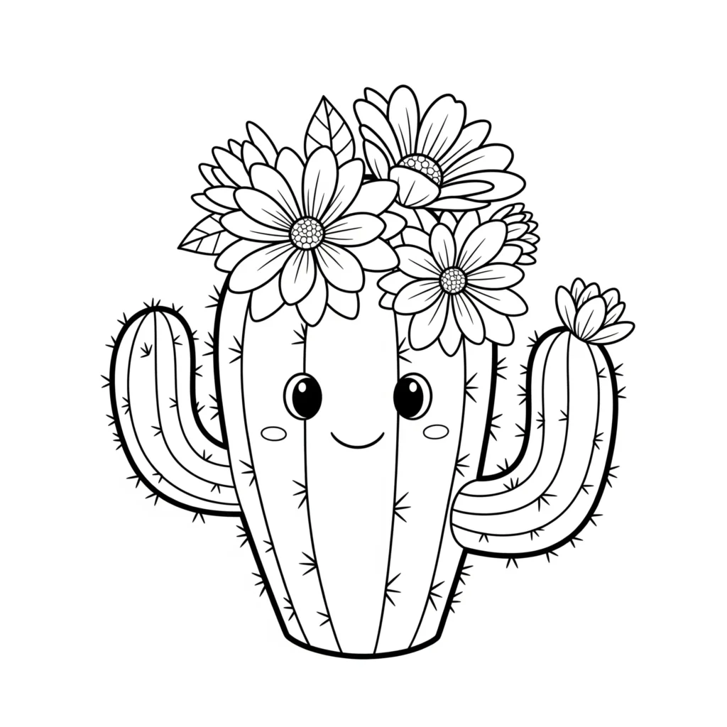 30+ Blumen Ausmalbilder (Gratis Malvorlage zum Ausdrucken) Dieses Ausmalbild zeigt einen Kaktus mit blühenden Blumen an der Spitze. Perfekt zum Ausdrucken und Ausmalen.