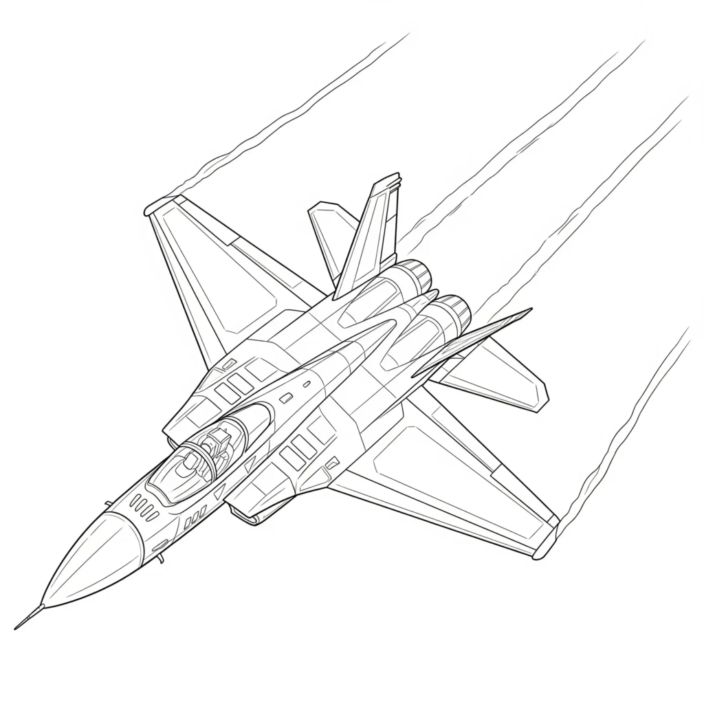 Flugzeug Ausmalbilder (Gratis Malvorlage zum Ausdrucken) kampfflugzeug ausmalbild zeigt einen modernen düsenjet in flugposition zum ausmalen für kinder