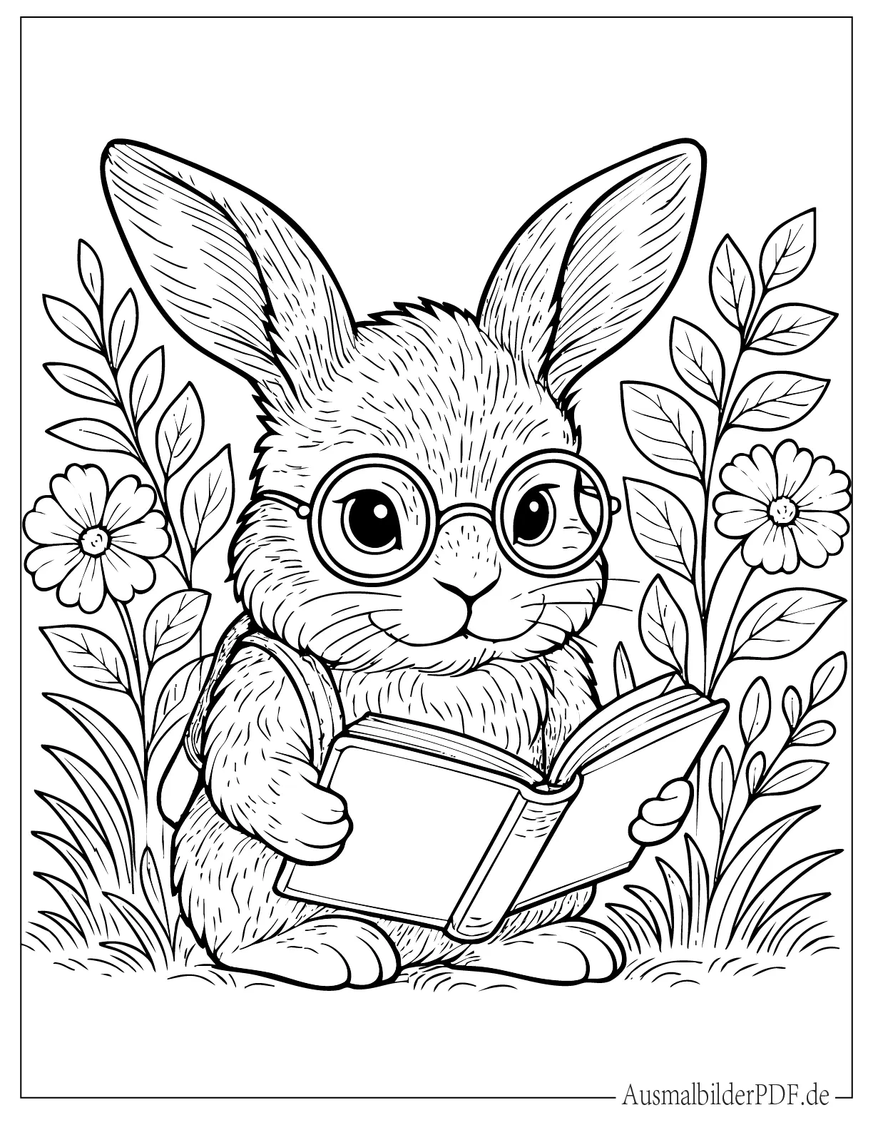 Kaninchen mit Brille liest Buch Malvorlage