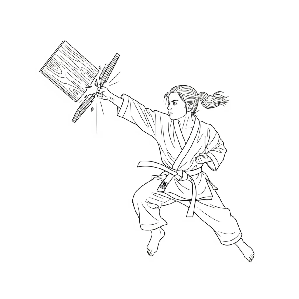 Karate Ausmalbilder (Kostenlos Malvorlage zum Ausdrucken) Ein mutiges Mädchen im Karateanzug zerbricht mit einem Handstoß ein Brett – eine karate ausmalbild vorlage für kinder zum ausdrucken und ausmalen.