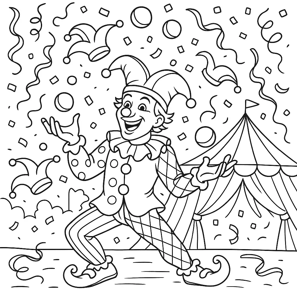 Buntes Karneval Ausmalbild mit Parade, Kostümen und Luftschlangen zum Ausdrucken