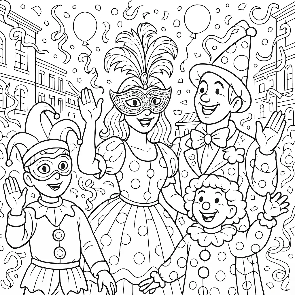 Karneval Malvorlage mit verkleideten Figuren, Parade, Luftschlangen und fröhlicher Stimmung – ideal zum Ausmalen