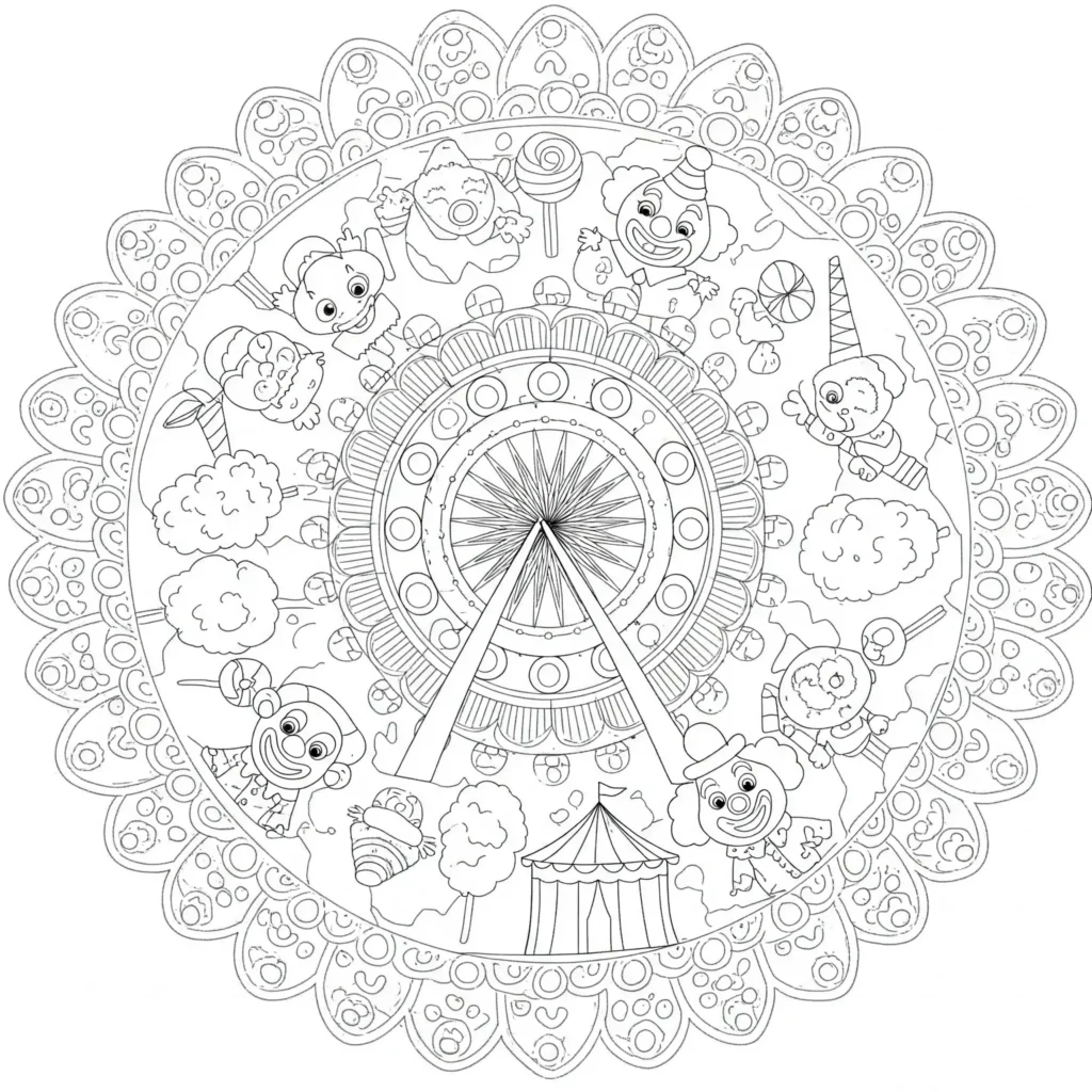 Karneval Mandala Ausmalbild mit Masken, Luftballons, Konfetti und dekorativen Mustern zum Ausdrucken