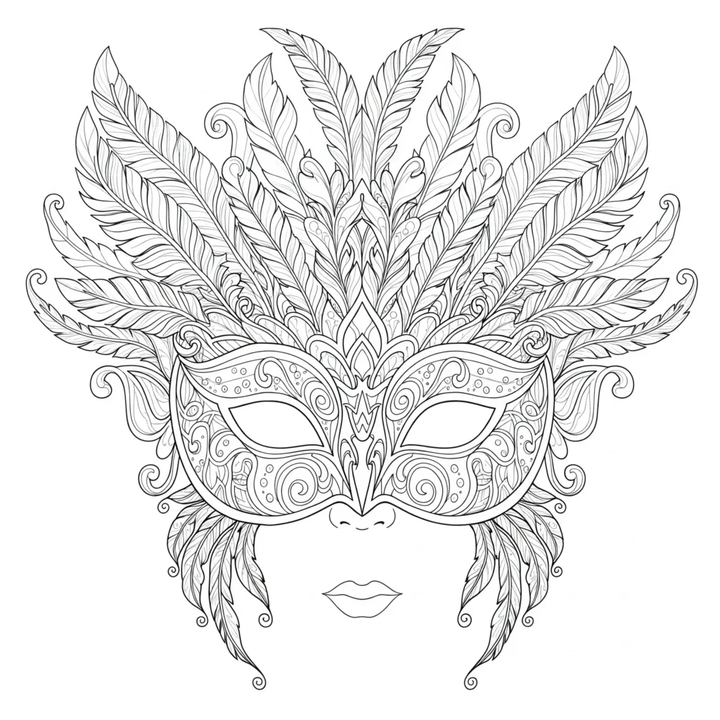 Karneval Maske Ausmalbild mit eleganten Mustern, Federn und festlichen Details zum Ausdrucken