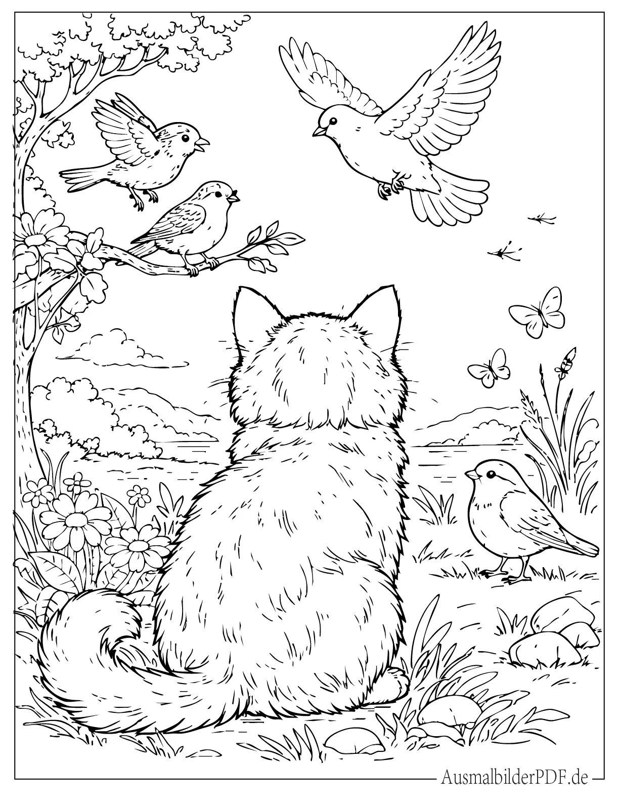 Niedliche Katze schaut Vögel an Ausdruckbare Ausmalbild