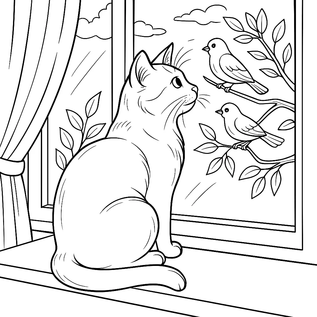 Ausmalbild einer Katze, die auf dem Fensterbrett sitzt und zwei Vögel beobachtet