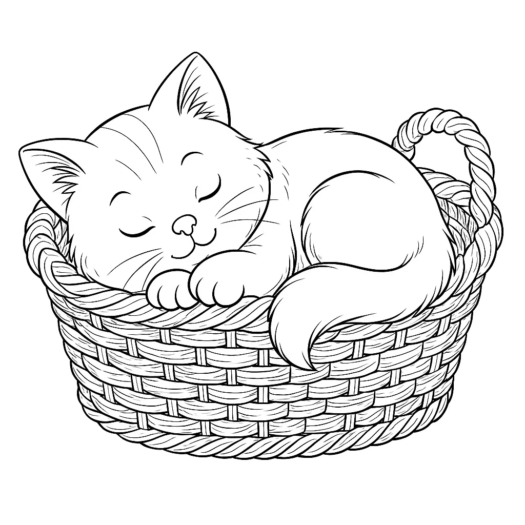 Ausmalbild einer kleinen Katze, die gemütlich in einem geflochtenen Korb schläft