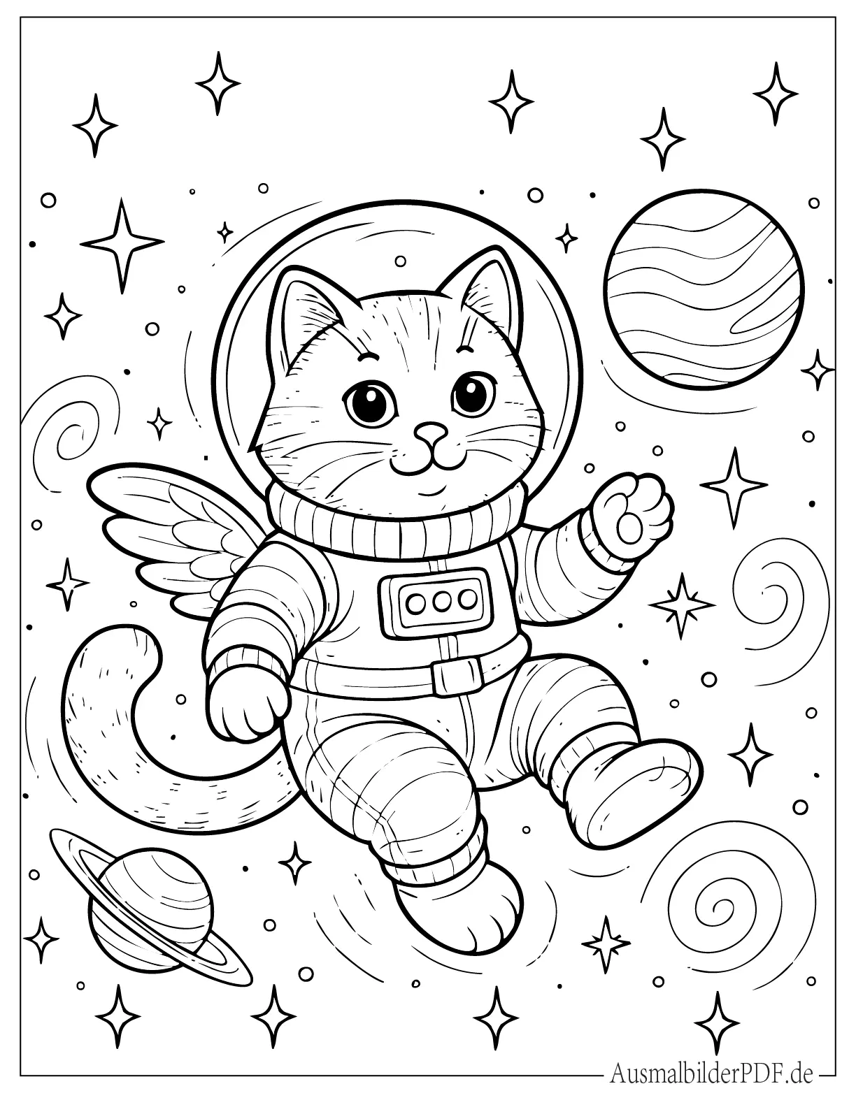 Fantasie Astronauten Katze schwebt im Weltraum zum Ausmalen