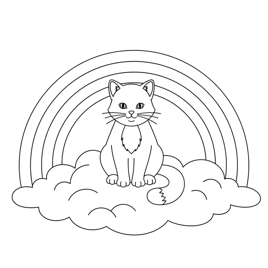 Eine kleine Katze sitzt ruhig auf einer Wolke, umgeben von einem Regenbogen – verträumtes Ausmalbild zum Ausdrucken für Kinder