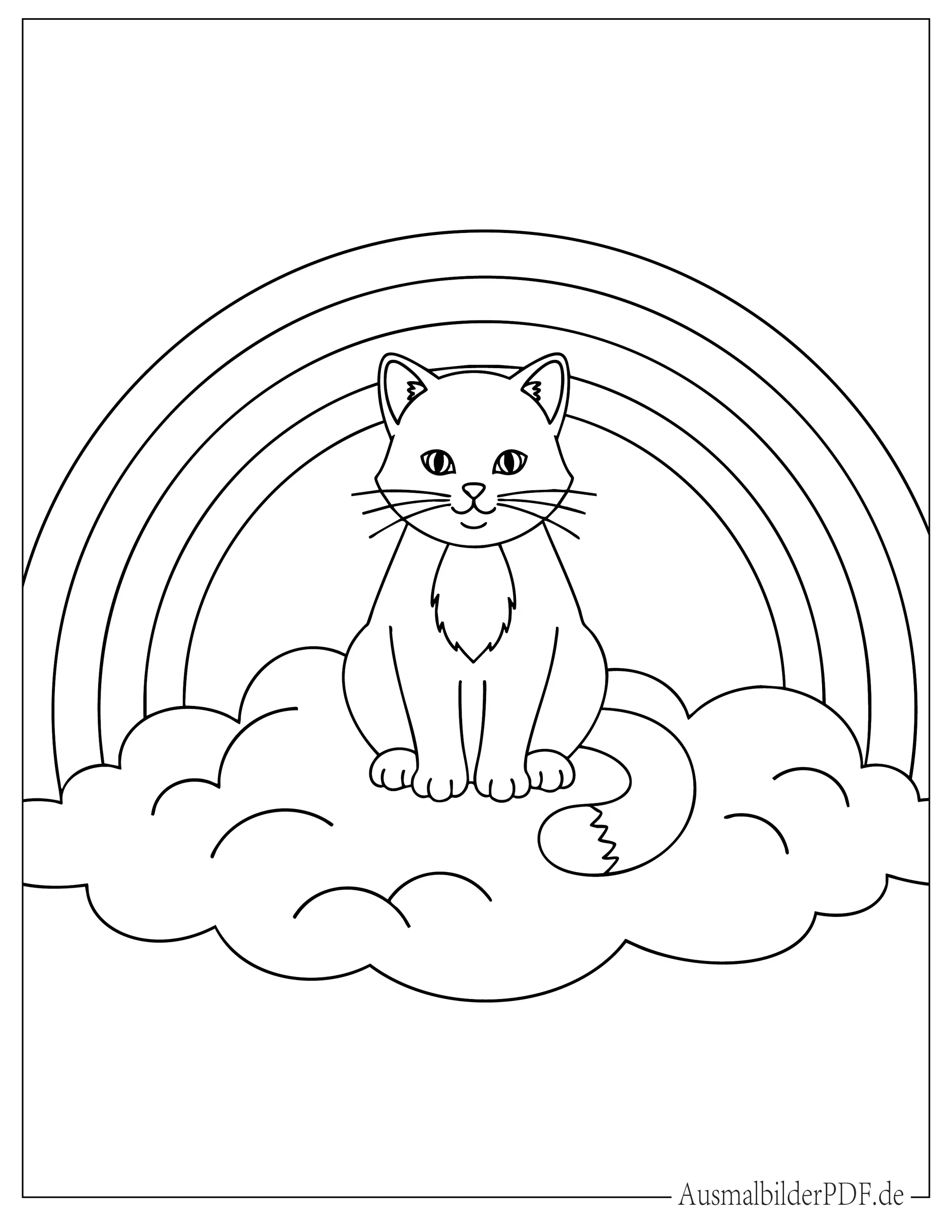 20 Regenbogen Ausmalbilder (Gratis Malvorlagen zum drucken) Katze sitzt auf einer Wolke inmitten eines Regenbogens Ausmalvorlage