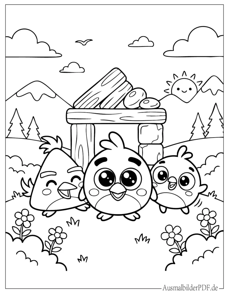Ausmalbild von kawaii Angry Birds Figuren, süß gestaltet, perfekt für Kinder zum Ausmalen und Drucken