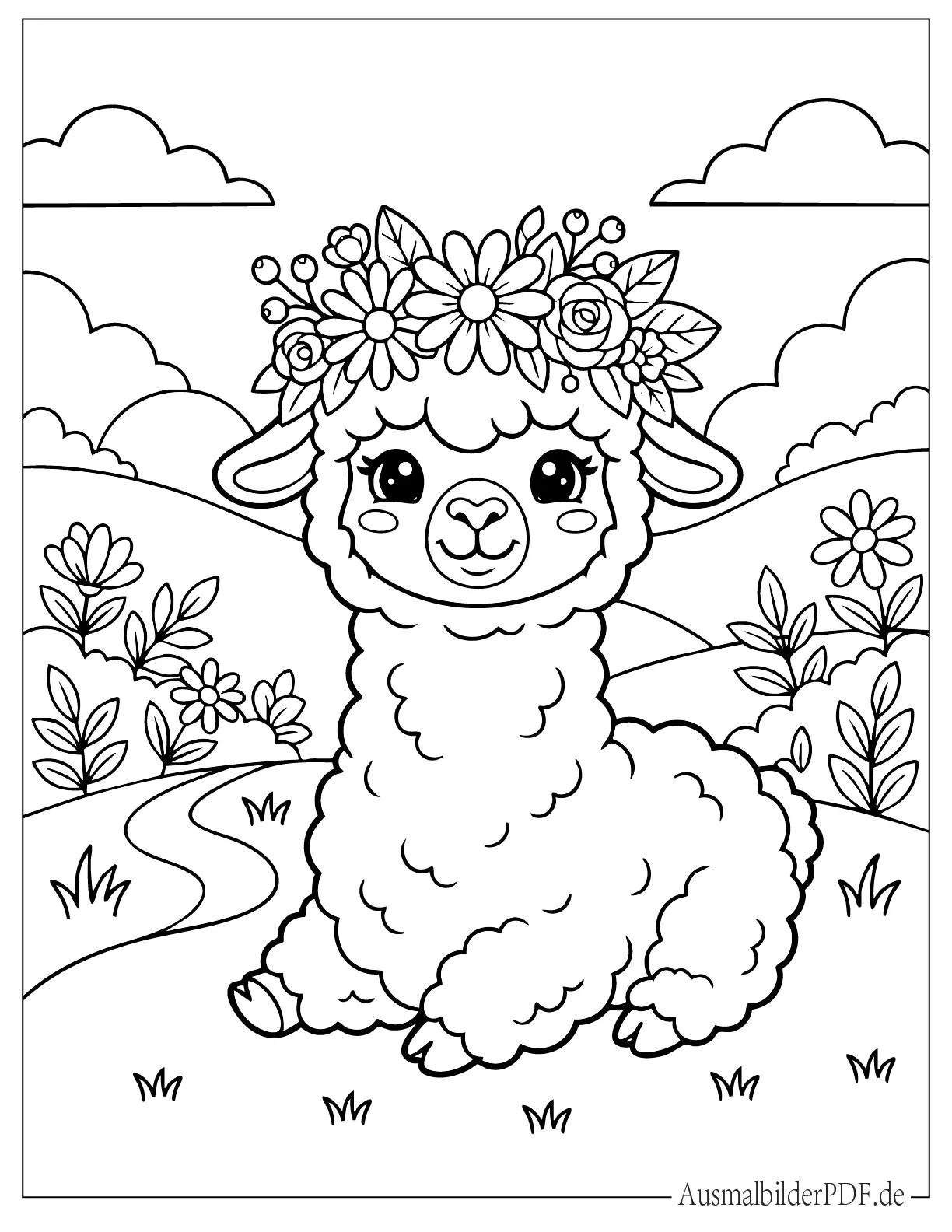 Kawaii Baby Alpaka mit Blumenkrone Vorlage zum Ausdrucken und Ausmalen