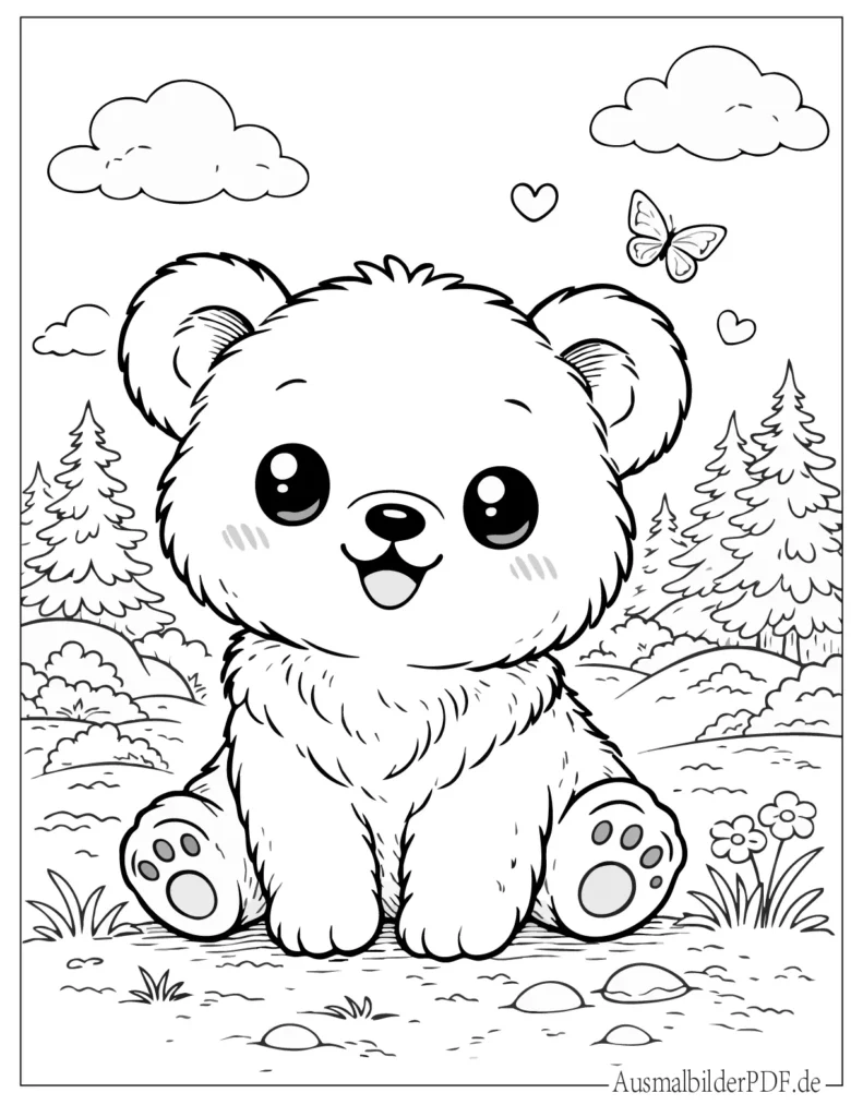 Niedliches Kawaii Babybär Ausmalbild, das sitzend und lächelnd dargestellt ist, perfekt für Kinder zum kreativen Ausmalen