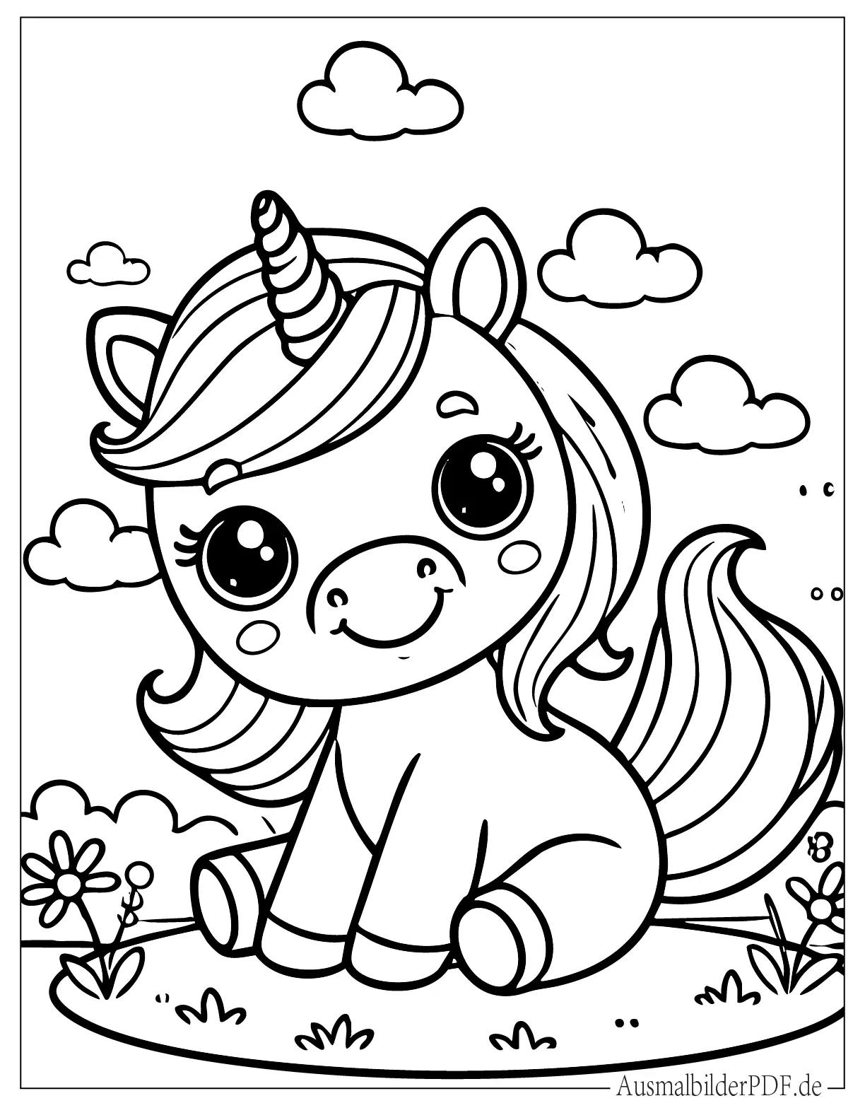 Kawaii Baby Einhorn sitzend Malbild für Kinder