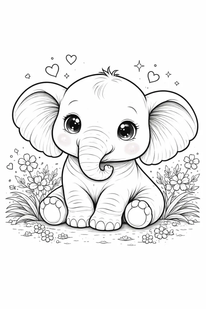 Ein ausmalbild zeigt einen niedlichen Baby Elefanten im Kawaii Stil mit großen Augen und freundlichem Lächeln für Kinder und Erwachsene