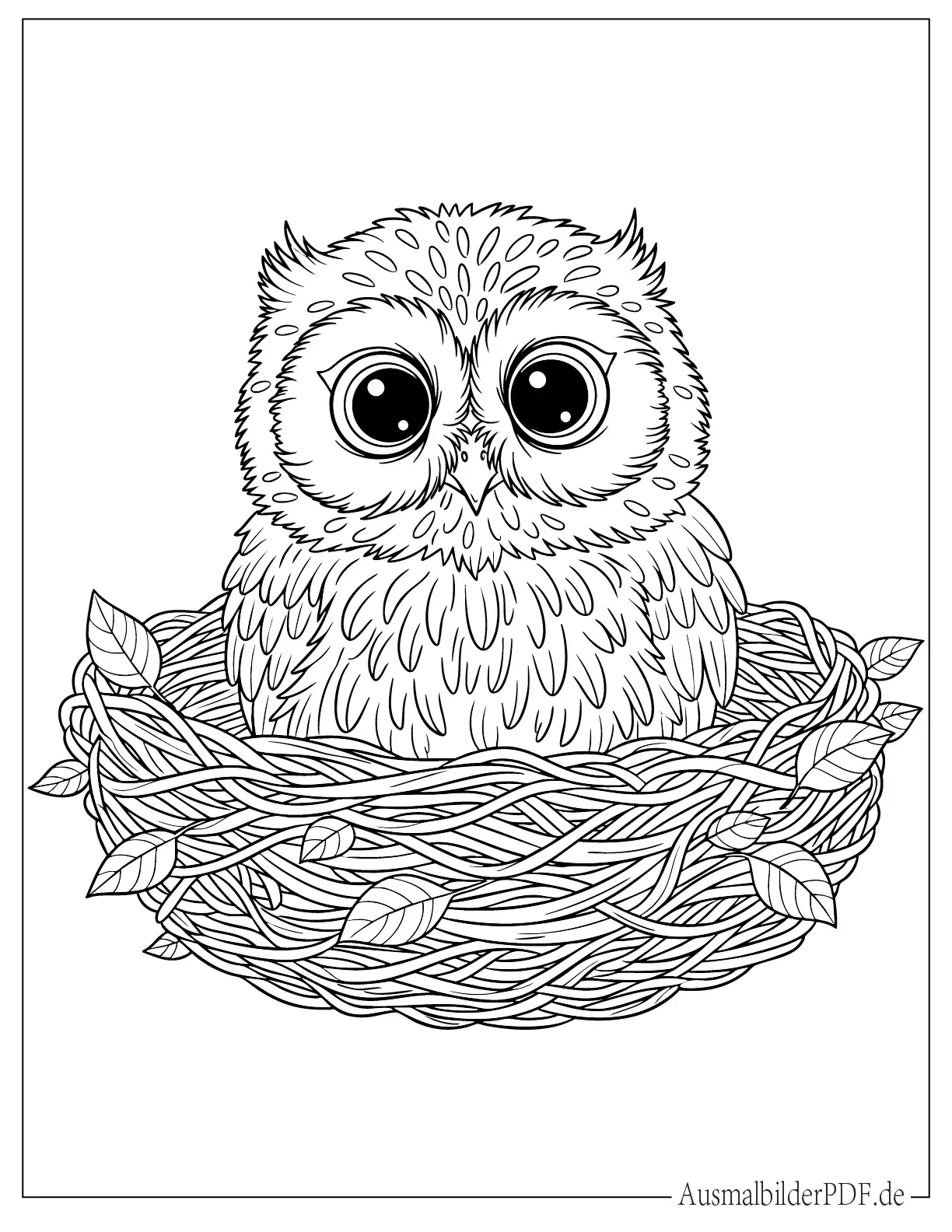 Kawaii Baby Eule mit großen Augen sitzt im Nest Ausmalbild für Kinder