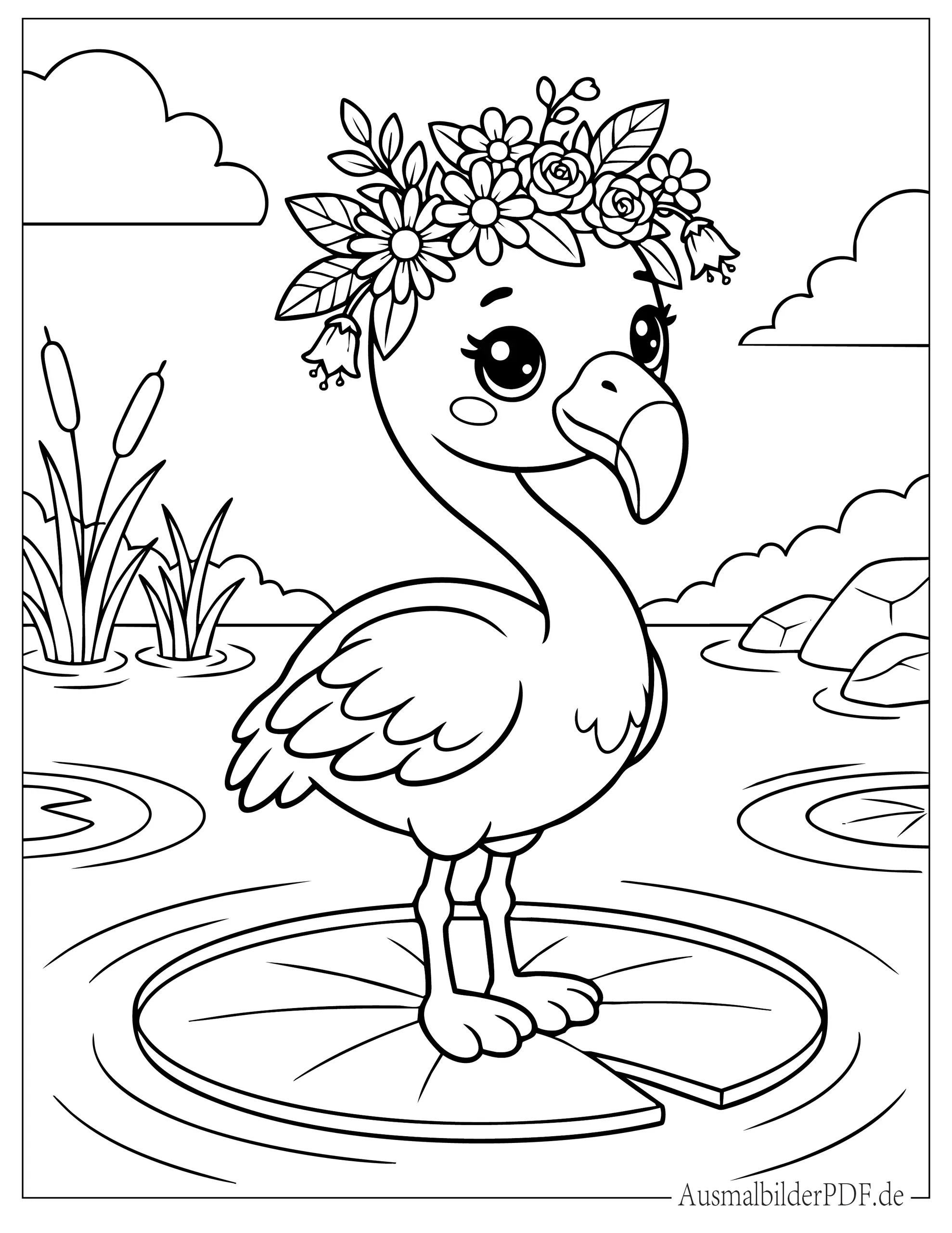 Niedlicher Kawaii Baby Flamingo mit Blumenkrone Ausmalbild für Kinder