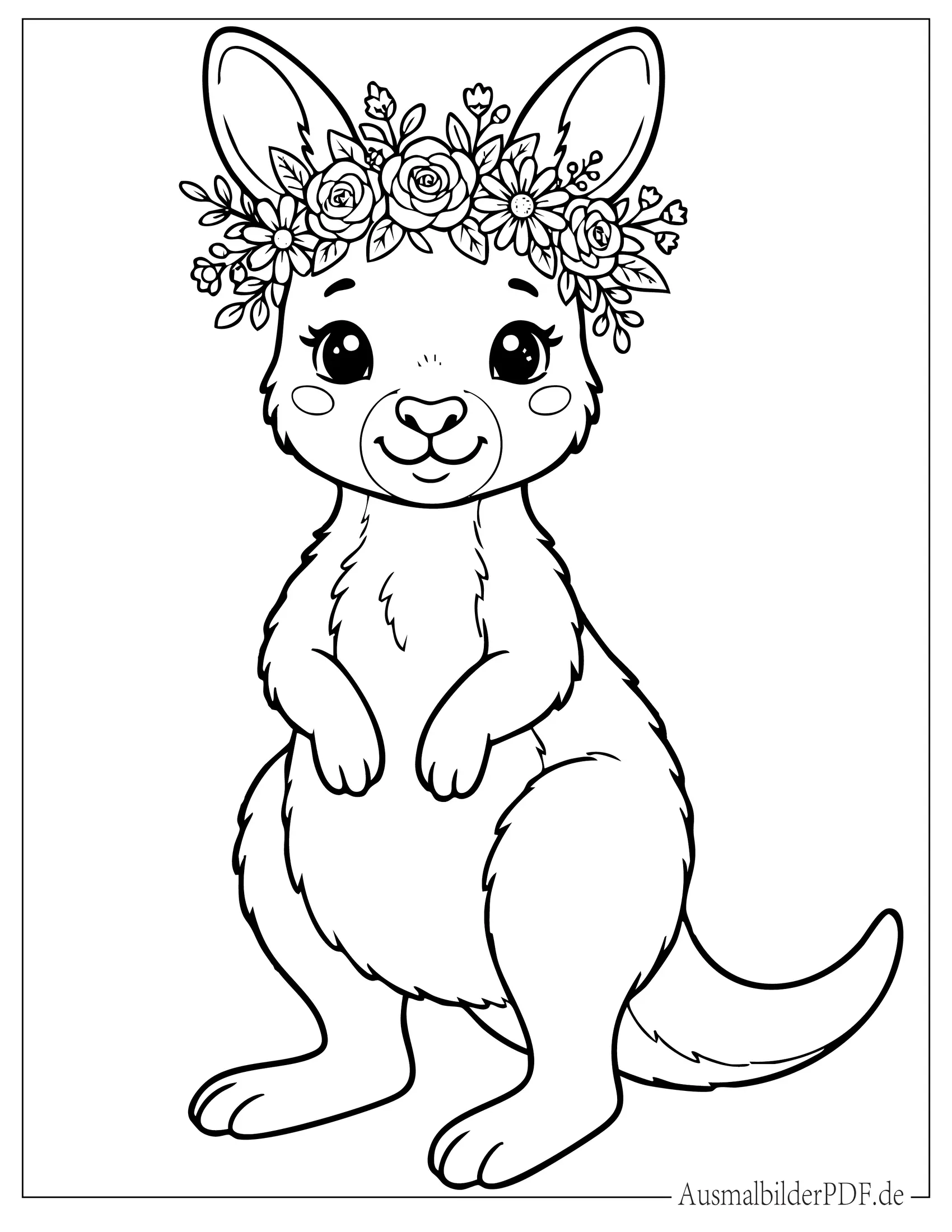 Niedliches Kawaii Känguru Baby mit Blumenkrone Ausmalbild