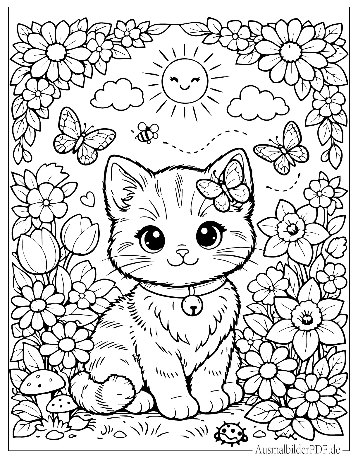 Kawaii Baby Katze umgeben von blühenden Blumen Malvorlage für Kinder