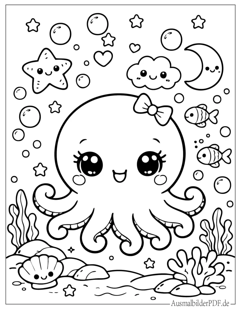 Ausmalbild eines niedlichen Kawaii Baby Oktopus, der unter Wasser lächelt, ideal für Kinder zum Ausmalen