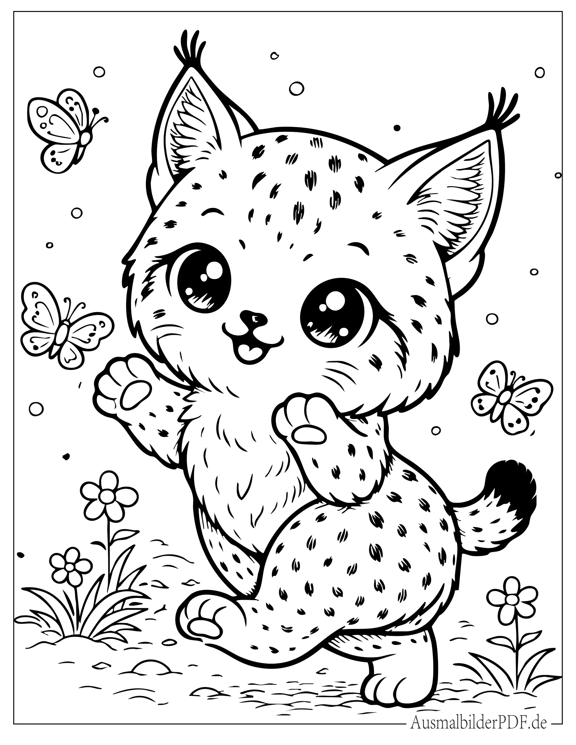 Niedlicher Kawaii Baby Luchs spielt mit Schmetterlingen Ausmalbild für Kinder